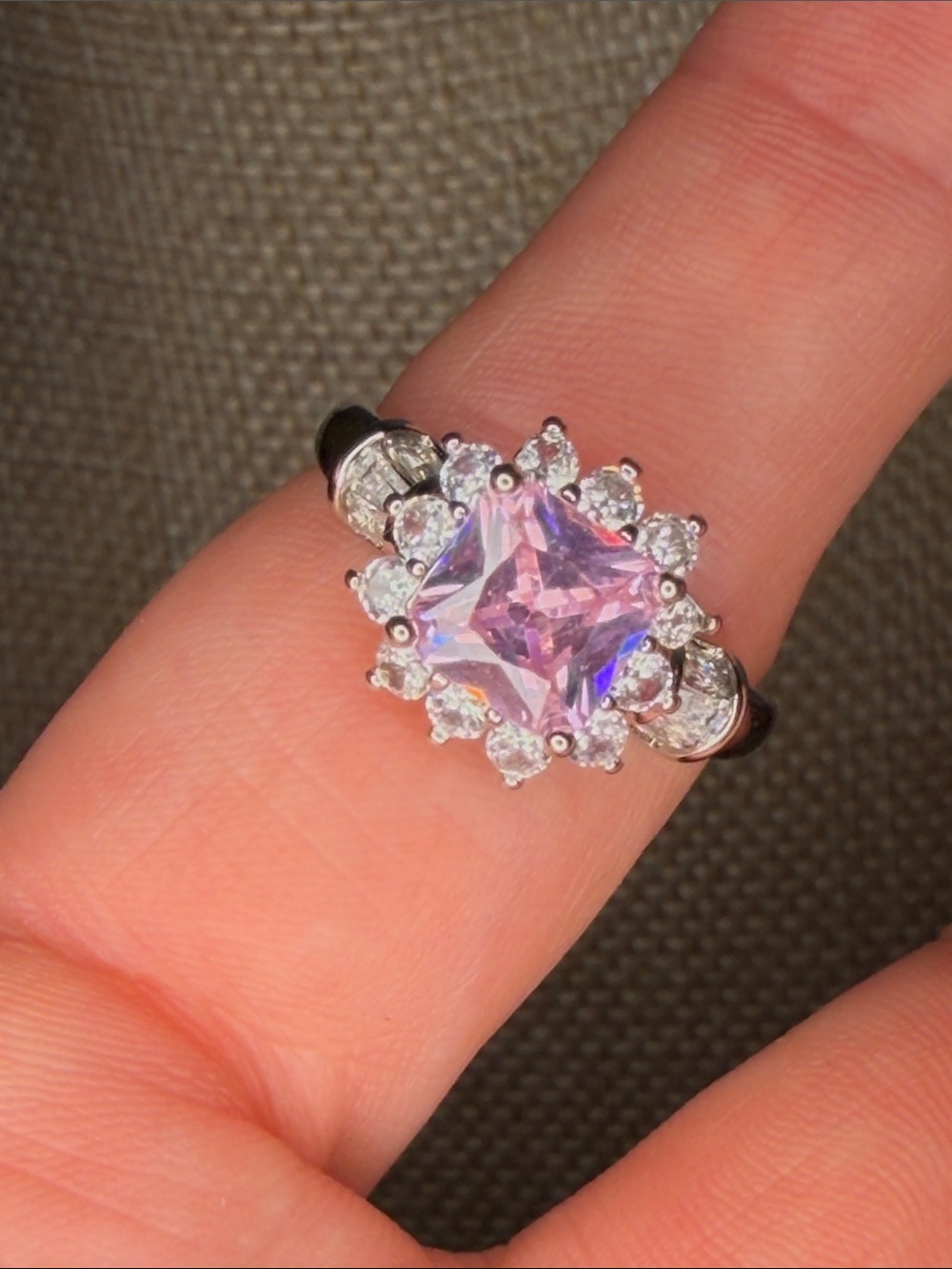 Silvertone Pink Princess-Cut Halo Ring Sz 7